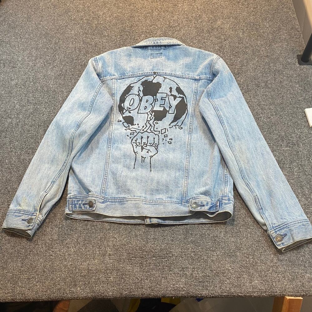 Vintage Obey Worldwide Mens Medium Blue Denim Trucker Jean Jacket Streetwear
